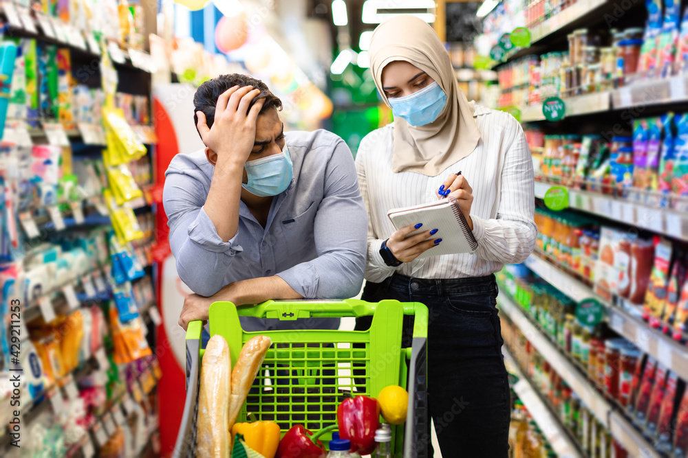 Muslim Family Couple Calculating Prices On Grocery Shopping In Supermarket