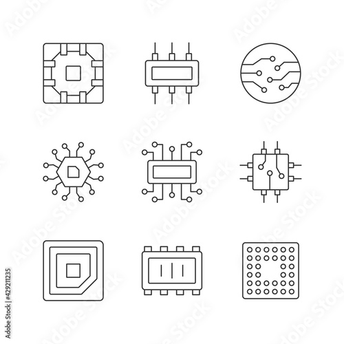 Microcircuits linear icons set. Computer device circuit boards design creation. Modern microchips. Customizable thin line contour symbols. Isolated vector outline illustrations. Editable stroke