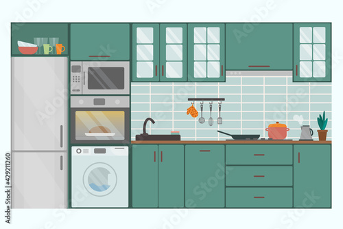 Cozy kitchen interior in green shades, flat vector illustration. Refrigerator, oven, microwave, washing machine, flowerpot, dishes.