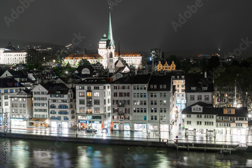 Night view of the river Limmat and houses in Zurich