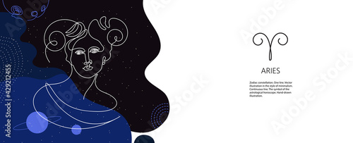 Zodiac background. Aries constellation. Horizontal banner. One line