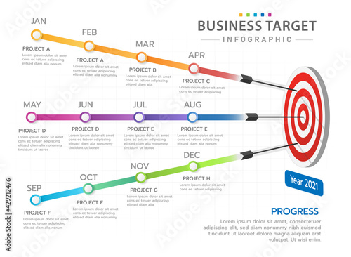 Infographic template for business. Modern Target diagram with project timeline, presentation vector infographic.
