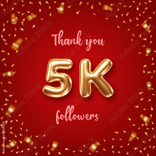 Thank you followers. Social media achievement poster with golden 3d numbers and confetti on red background