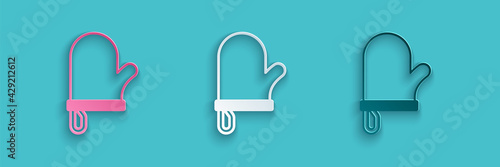 Paper cut Oven glove icon isolated on blue background. Kitchen potholder sign. Cooking glove. Paper art style. Vector