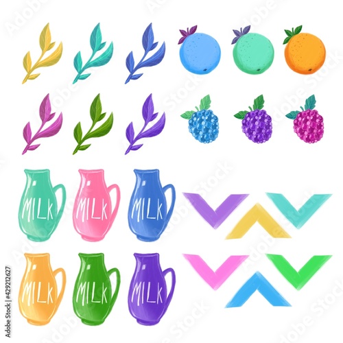 large collection of stickers sprigs jugs with milk fruits and berries