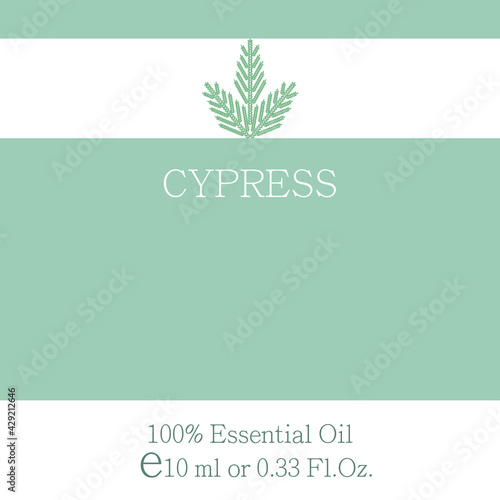 Cypress essential oil. Essential oil label design. Cosmetics packaging template. Vector image on the theme of aromatherapy.