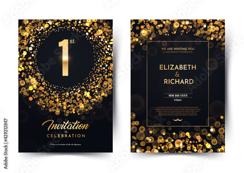 1st year birthday vector black paper luxury invitation double card. One year wedding anniversary celebration brochure. Template of invitational for print on dark background with bokeh lights 