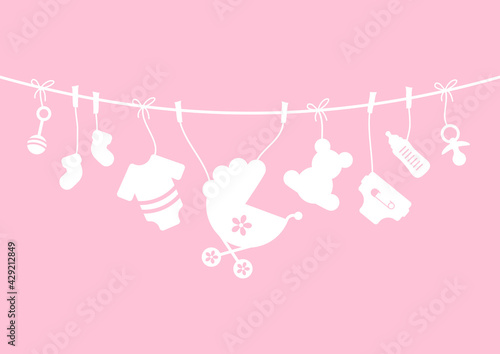 Hängende Babysymbole Mädchen Gebogene Leine Silhouette Pink Weiß
