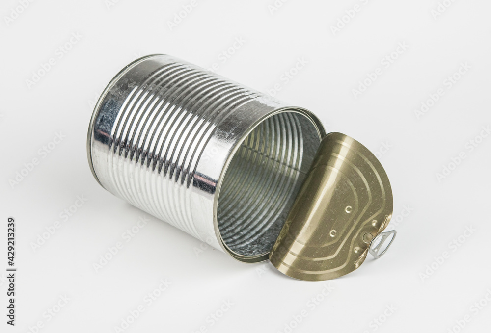 Empty open aluminum can on white background Empty open aluminum can on white background