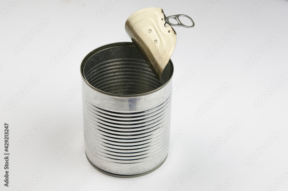 Empty open aluminum can on white background Empty open aluminum can on white background