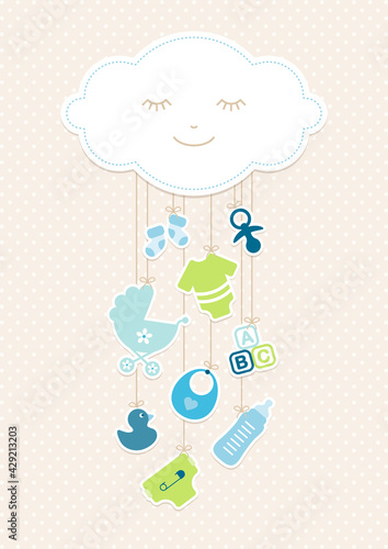 Hängende Babysymbole Junge Unter Wolke Blau Grün Punkte Beige