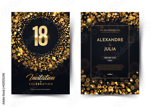 18th years birthday vector black paper luxury invitation double card. Eighteen years wedding anniversary celebration brochure. Template of invitational for print on dark background with bokeh lights photo