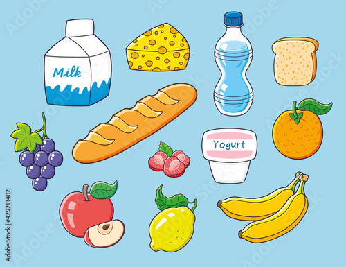 Milk carton box, cheese piece, water bottle, baguette bread loaf, toast, grape bunch, yogurt cup, strawberries, orange fruit, apple slice, lemon, bananas. Vegetarian food set.