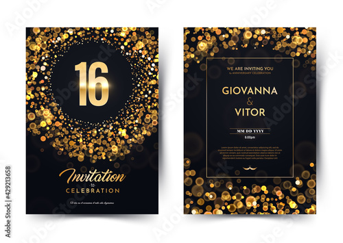 16th years birthday vector black paper luxury invitation double card. Sixteen years wedding anniversary celebration brochure. Template of invitational for print on dark background with bokeh lights