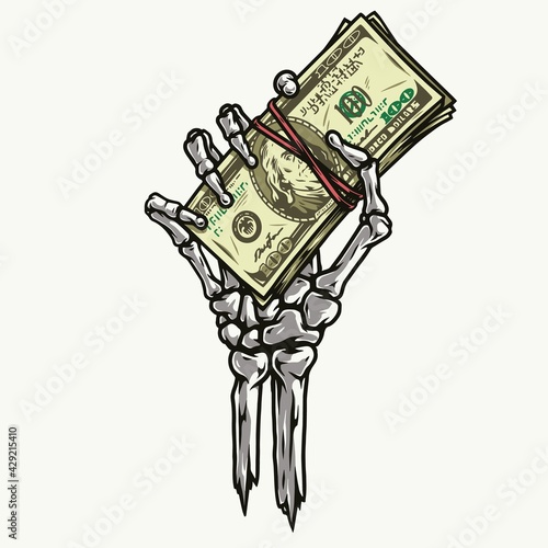 Skeleton hand holding dollar banknotes stack