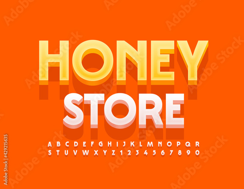 Vector modern emblem Honey Store. 3D stylish Font. Set of White Alphabet Letters and Numbers set