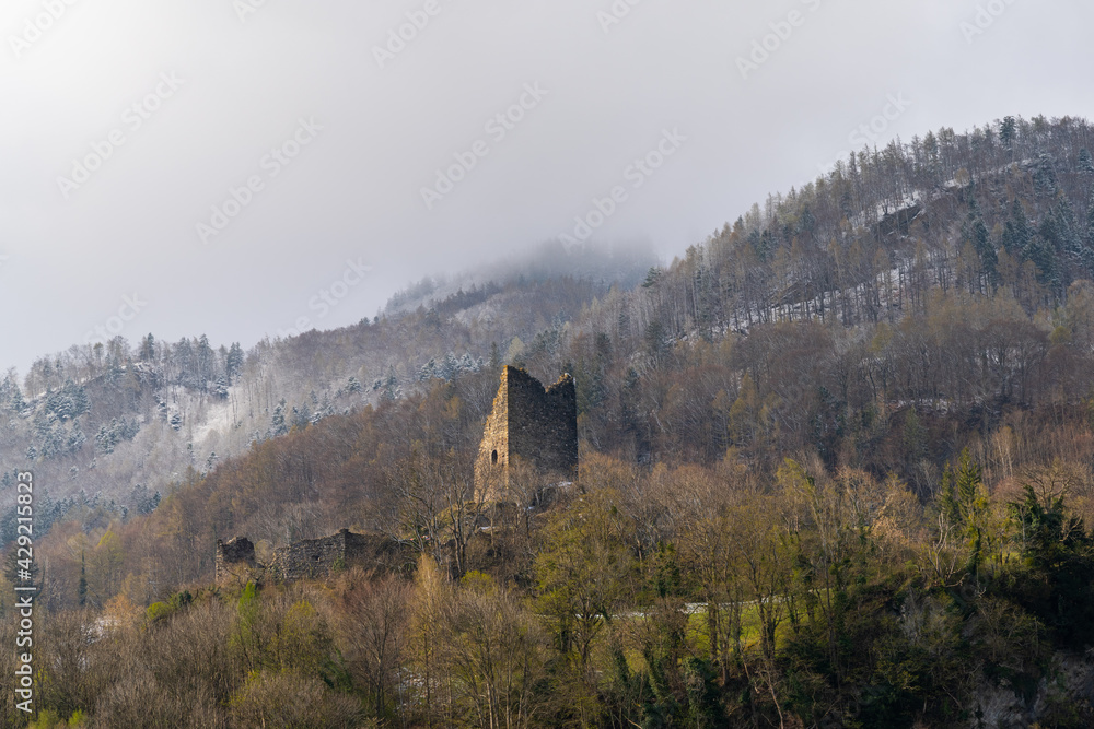 the Freudenberg Castle ruins and watchtower in the Swiss Alps near Bad Ragaz