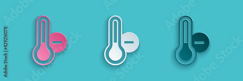 Paper cut Meteorology thermometer measuring icon isolated on blue background. Thermometer equipment showing hot or cold weather. Paper art style. Vector