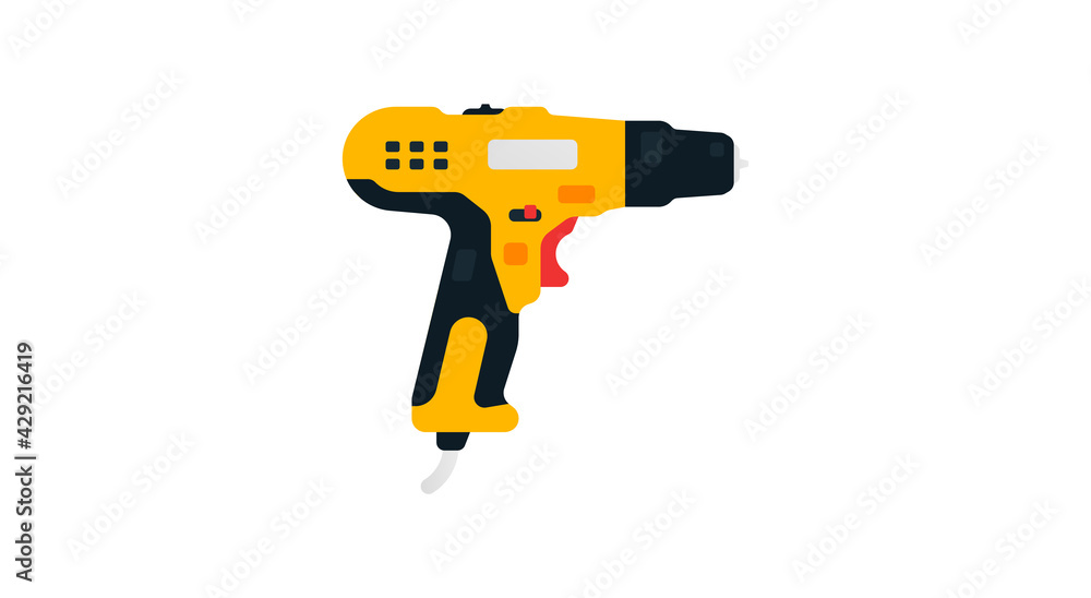 Electric screwdriver, drill side view. Power tools for home, construction and finishing work. Professional worker tool. Vector illustration isolated on white background Electric screwdriver, drill side view. Power tools for home, construction and finishing work. Professional worker tool. Vector illustration isolated on white background