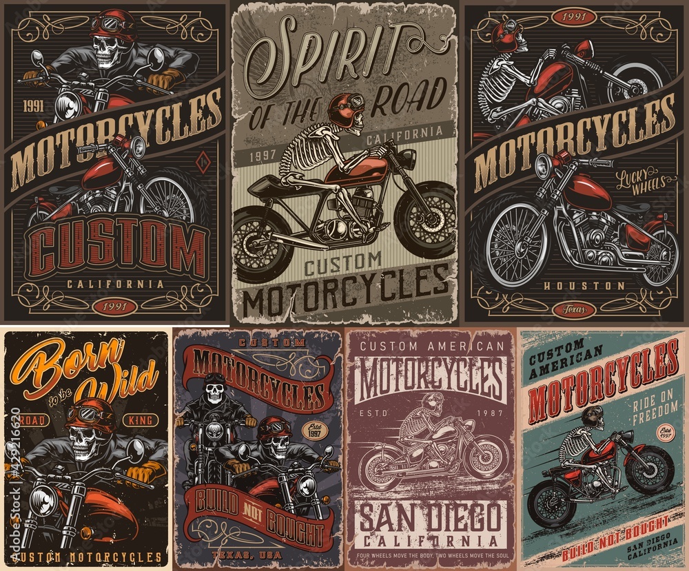 Custom motorcycle vintage colorful posters - obrazy, fototapety, plakaty 