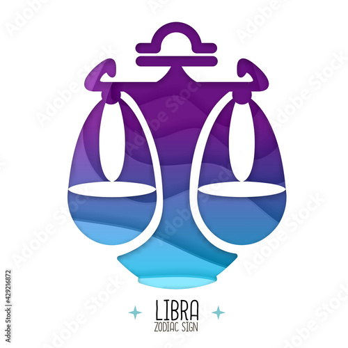 Witchcraft card with astrology Libra zodiac sign.  Scales logo design. Cut out paper art style design.