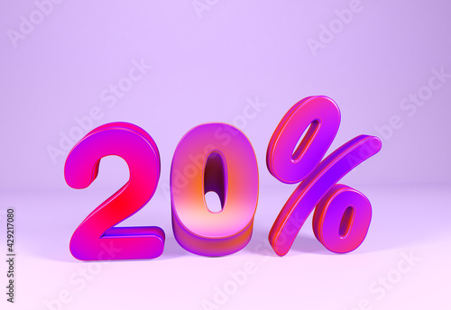 20% discount promotion set made of realistic numbers, Sale Discount Banner with color background, Twenty Percent 3D Rendering Image.