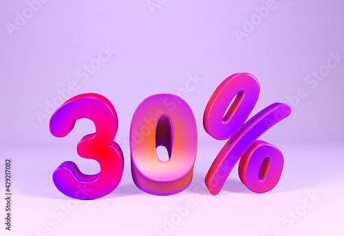 30% discount promotion set made of realistic numbers, Sale Discount Banner with color background, thirty Percent 3D Rendering Image.