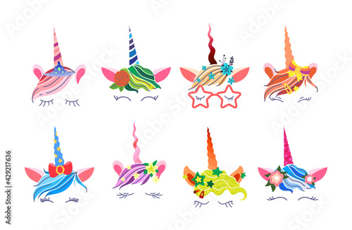 Unicorn face. Cute funny unicorn heads with flowers, glasses, bow, beautiful eyelashes. Braided magic horn pony. Hand drawn colorful set for kids flat vector