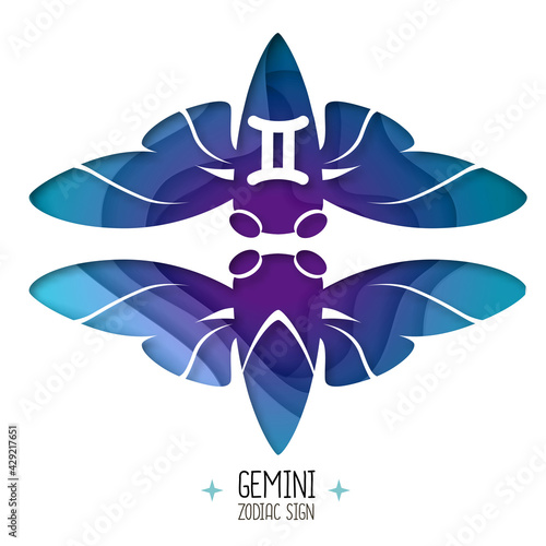 Witchcraft card with astrology Gemini zodiac sign.  Butterfly or cicada logo design. Cut out paper art style design.