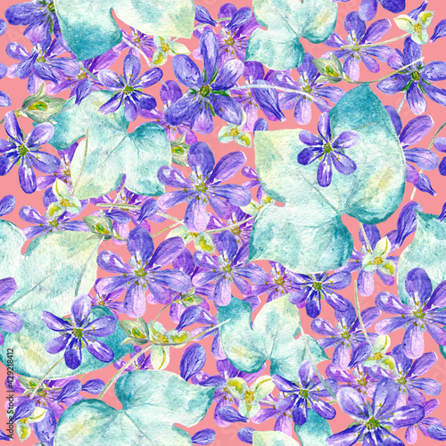 Watercolor pattern of flowers and leaves of Hepatica