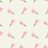 Isolated floral seamless pattern in geometric style with pink flower elements shapes. White background.