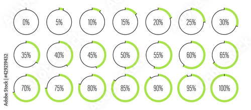 Set of circle percentage diagrams meters from 0 to 100 ready-to-use for web design, user interface UI or infographic - indicator with green