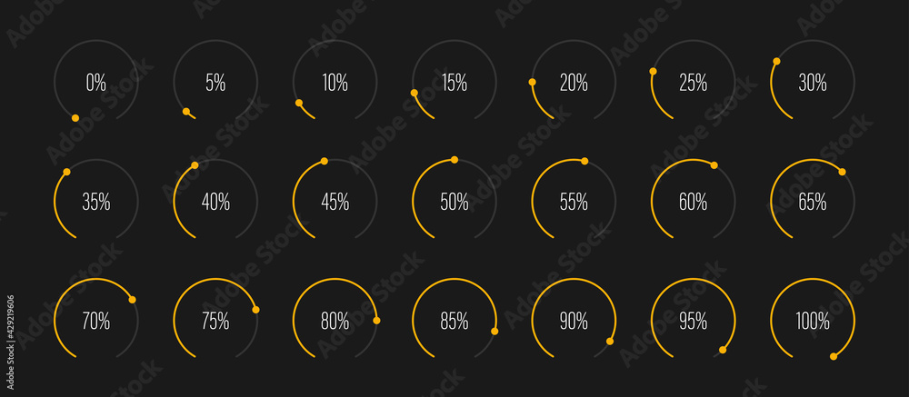 Set of arc percentage diagrams meters progress bar from 0 to 100 ready-to-use for web design, user interface UI or infographic - indicator with yellow