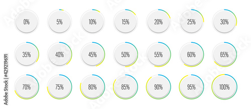 Set of circle percentage diagrams meters from 0 to 100 ready-to-use for web design, user interface UI or infographic with 3D concept - indicator with gradient from cyan blue to yellow