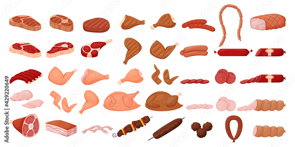 Large meat collection. Sausages, grilled chicken, raw meat, sausage cuts, pork, knuckle, ribs, chicken breast, shish kebab, meatballs. Set in a flat cartoon style. Isolated on white.