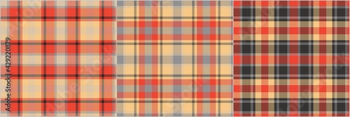 set of 3 fabric seamless textures red, black and pale yellow checkered stipes for plaid, gingham, tablecloths, shirts, tartan, clothes, dresses, bedding, blankets, costume