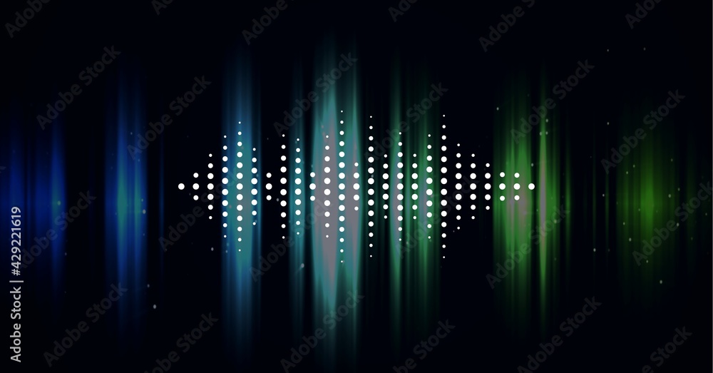 Composition of white graphic music equalizer over blue and green light trails