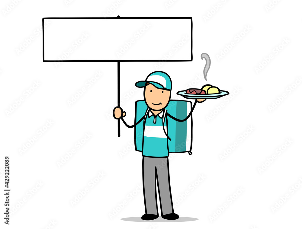 Lieferant von Essen Lieferservice hält leeres Schild hoch Stock Illustration Adobe Stock