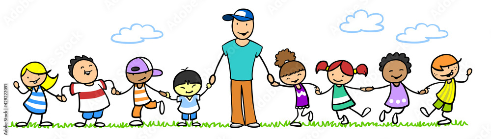 Gruppe Kinder im Kindergarten mit Erzieher an Hand Gruppe Kinder im Kindergarten mit Erzieher an Hand