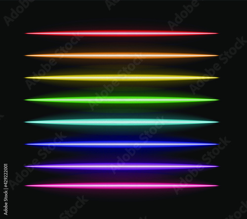 Vector neon brushes set, rainbow colored lines, neon light tubes, long lines. 