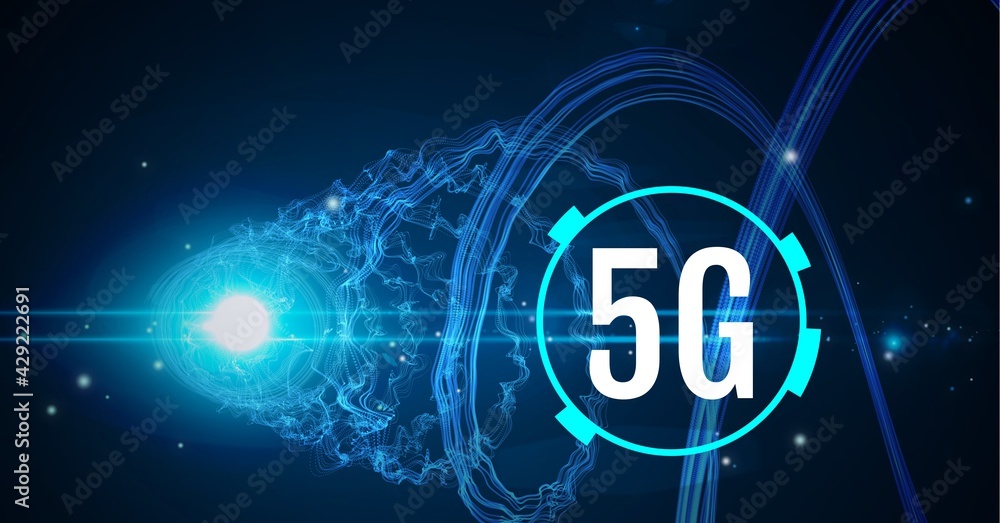 Composition of 5g text over scope and glowing light with multiple blue electric light trails Composition of 5g text over scope and glowing light with multiple blue electric light trails