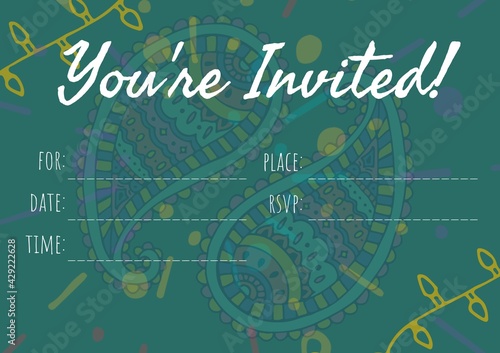 Invitation with you're invited text with copy space over heart pattern on dark green background