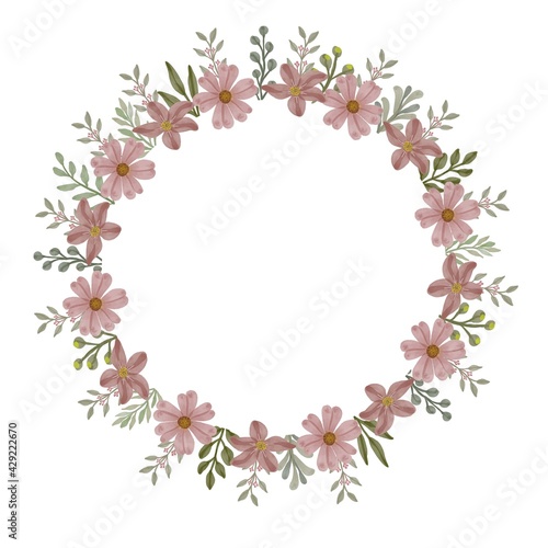 circle watercolor floral frame of dusty pink, dusty pink watercolor flower for greeting and wedding invitation card, 