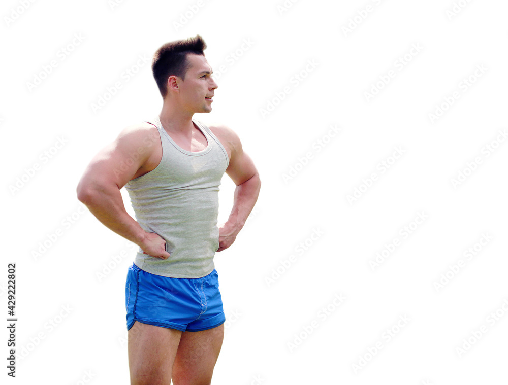Athlete posing and looking away, fitness male model isolated on a white background Athlete posing and looking away, fitness male model isolated on a white background