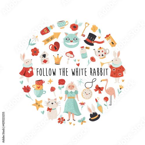 Colorful compositions with characters, symbols of Alice in Wonderland. Vector design, illustration