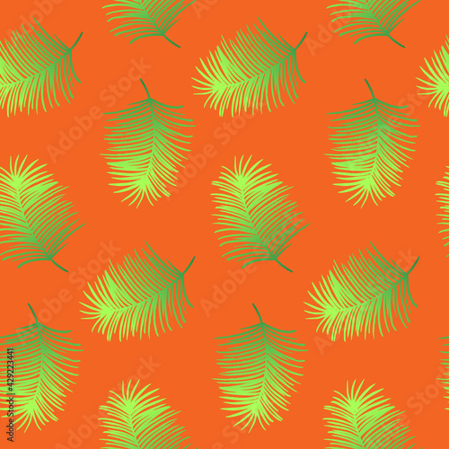 Vector seamless pattern with green leaves. Exotic palm tree, green color with gradient. Background for clothes, web and design. Ecology theme. Summer illustration. Print for greeting cards, gift wrap