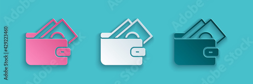 Paper cut Wallet with stacks paper money cash icon isolated on blue background. Purse icon. Cash savings symbol. Paper art style. Vector