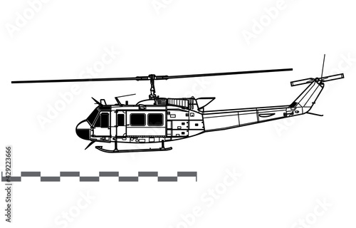Bell UH-1H Iroquois, Huey. Vector drawing of utility helicopter. Side view. Image for illustration and infographics.