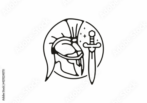 Black line art illustration of warrior helmet and sword