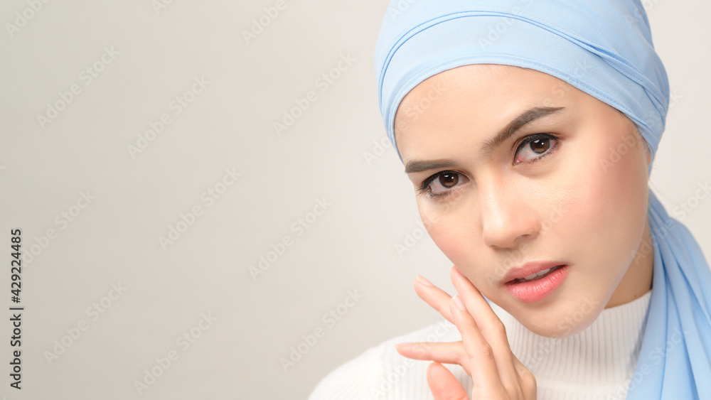 close up of young beautiful muslim woman with hijab isolated on white background studio, muslim beauty skin care concept. close up of young beautiful muslim woman with hijab isolated on white background studio, muslim beauty skin care concept.